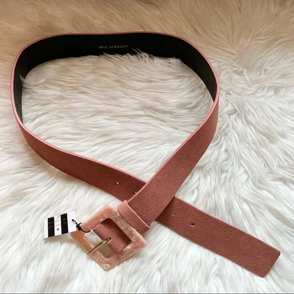 New! Very Rare LELE SADOUGHI Marble Acetate Buckle Suede Belt in Blush - Picture 4 of 9